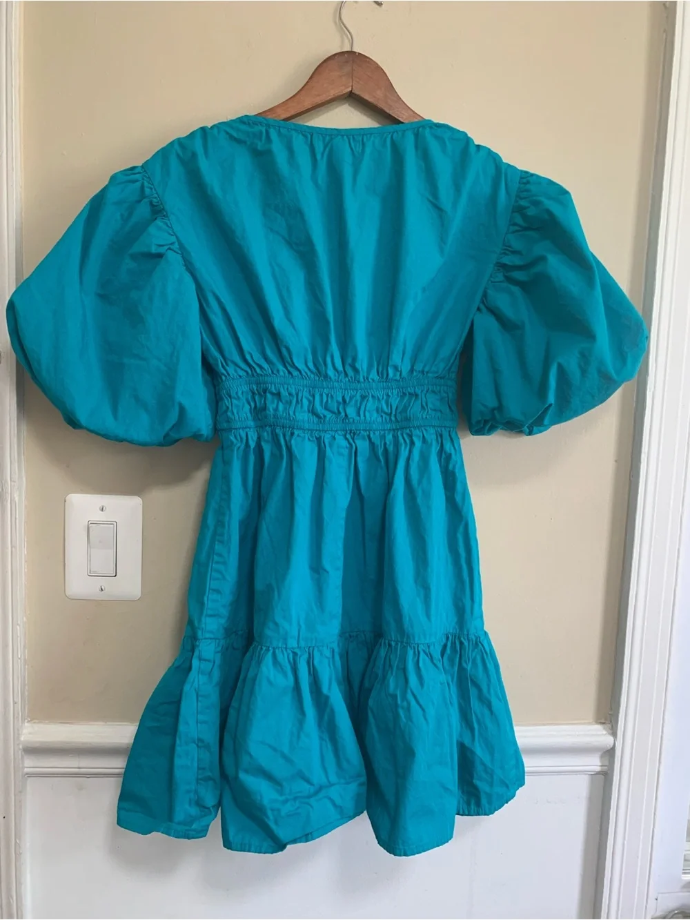 Japna Puff Sleeve V-Neck Tiered Mini Dress Teal Blue Sz M 100% Cotton Cottage